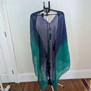 Chicos Swim Beach Cover Up One Open Caftan Coastal Scarf Style Turq and navy NWT